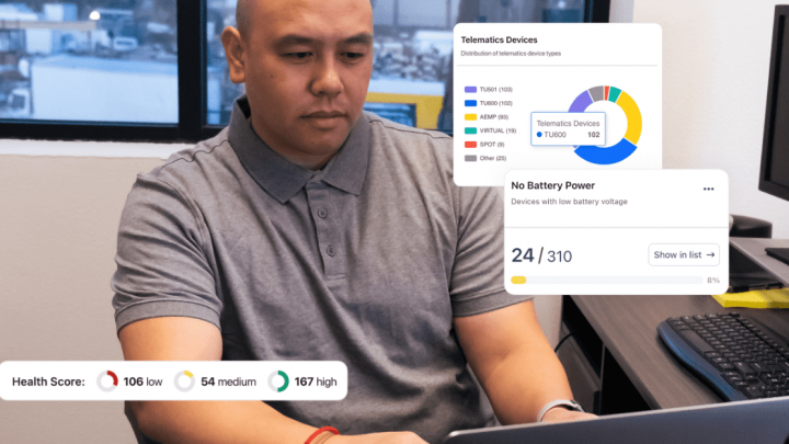 A man works on a laptop at a desk, with telematics stats and battery data overlaid; focused on construction equipment tracking.