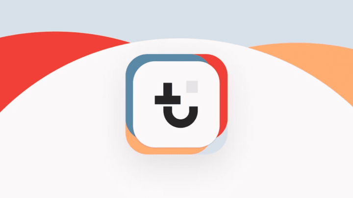 A rounded square Trackunit logo with a stylized black t outlined in blue, red, and orange on white with abstract curved shapes.