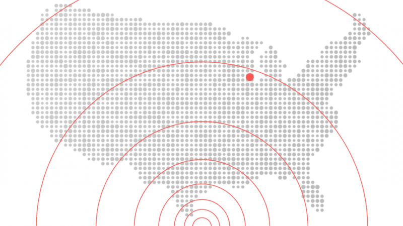 A dotted US map with a red dot and radiating circles from the Midwest illustrates nationwide construction equipment tracking.