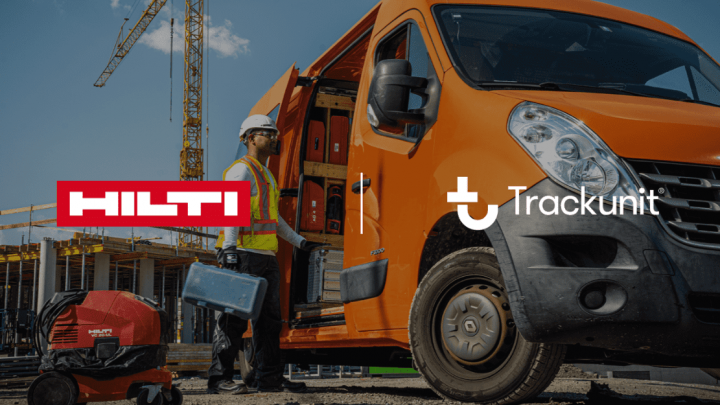 A construction worker unloads equipment from an orange van at a building site as the Hilti and Trackunit logos appear over the image.