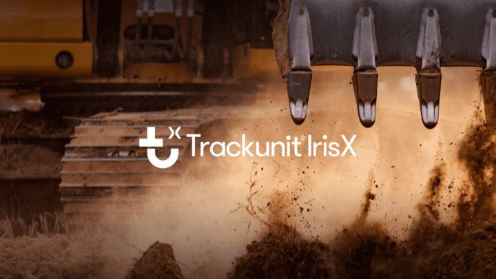 A close-up of an excavator bucket with Trackunit equipment digging into dirt, debris flying. The IrisX logo appears centered.