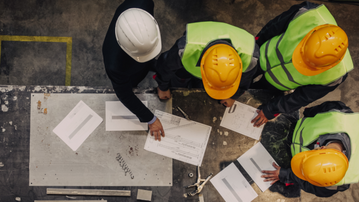 Overhead view of four construction workers in safety vests reviewing blueprints and telematics data at a connected jobsite.
