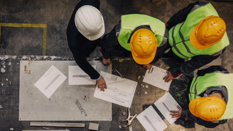 Overhead view of four construction workers in safety vests reviewing blueprints and telematics data at a connected jobsite.