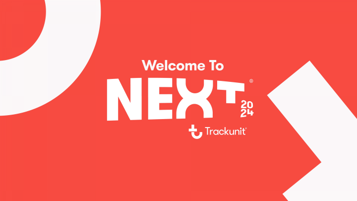 Red graphic with white geometric shapes. Center text says "Welcome To Trackunit NEXT 2024" with Trackunit logo and name below.